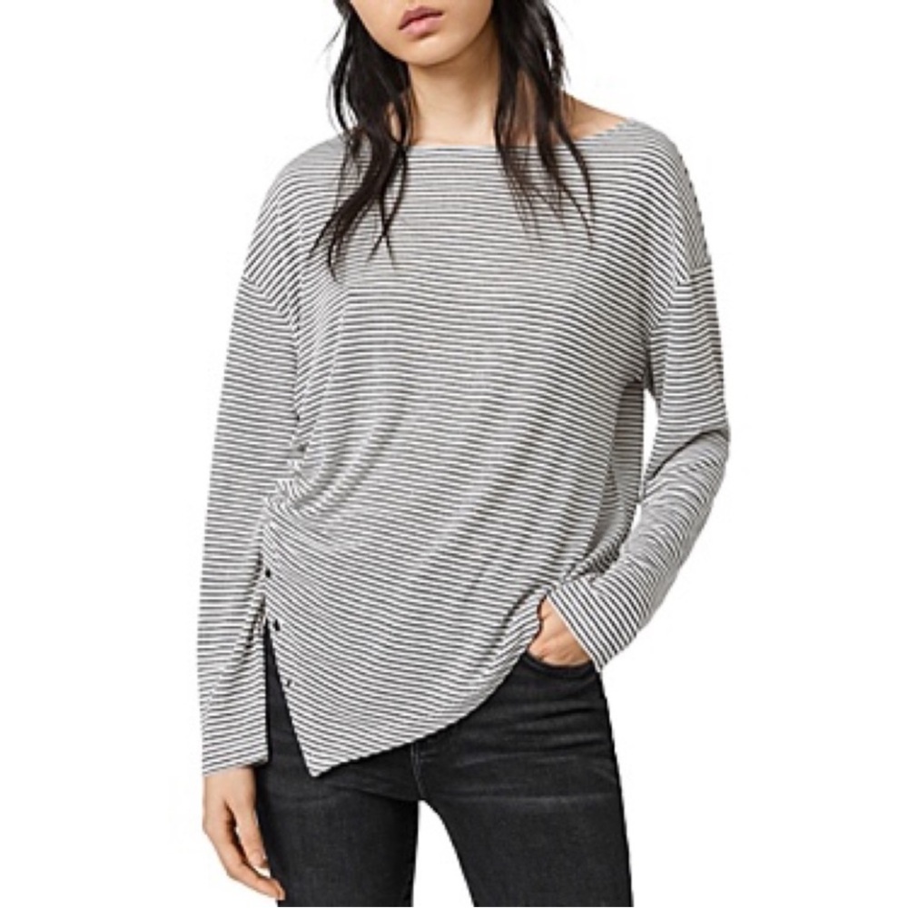 All Saints Hatti Asymmetrical Long Sleeve Stripe White Black Top